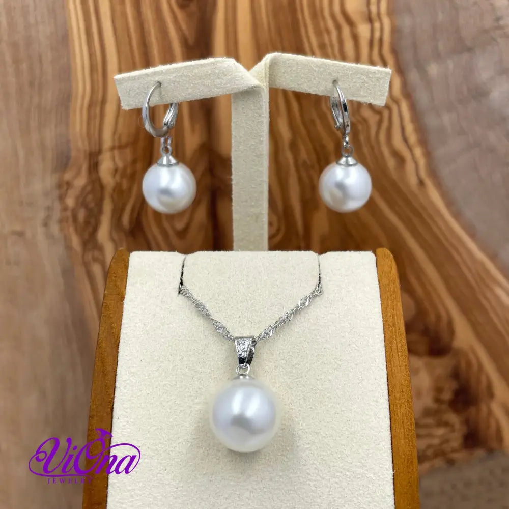 Synthetic Pearl Jewelry Sets 925 Sterling Silver Necklace, Earrings and Pendant