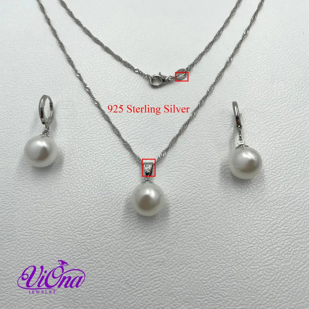 Synthetic Pearl Jewelry Sets 925 Sterling Silver Necklace, Earrings and Pendant