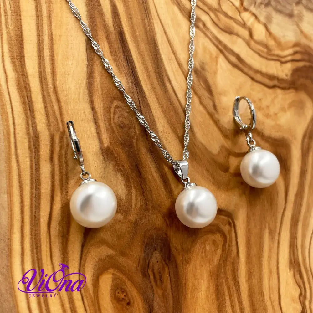 Synthetic Pearl Jewelry Sets 925 Sterling Silver Necklace, Earrings and Pendant