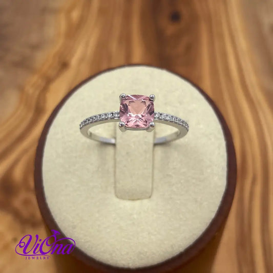 Synthetic Pink Morganite Cushion Ring from 925 Sterling Silver and Decorated Cubic Zirconia, Stamped