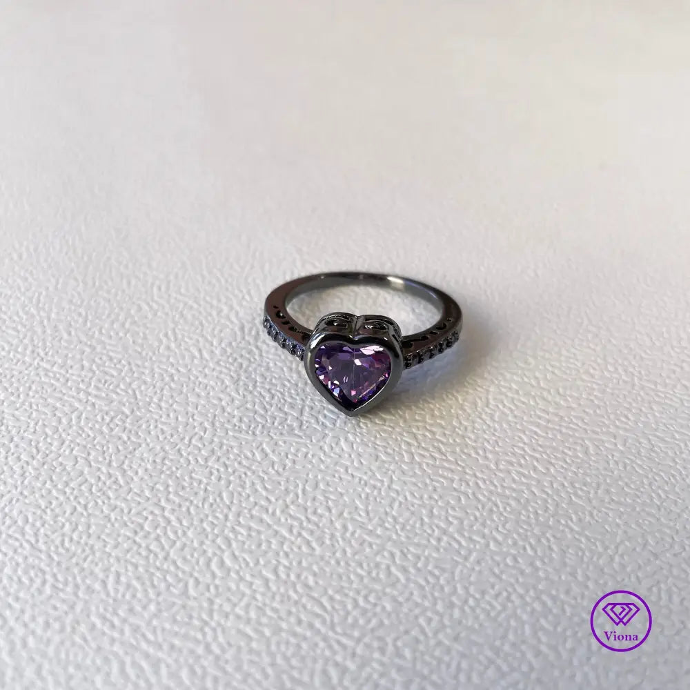 Unique Black Ring with Purple Heart Cubic Zirconia