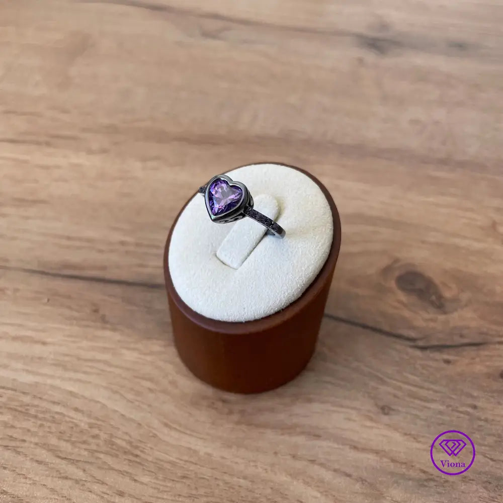 Unique Black Ring with Purple Heart Cubic Zirconia