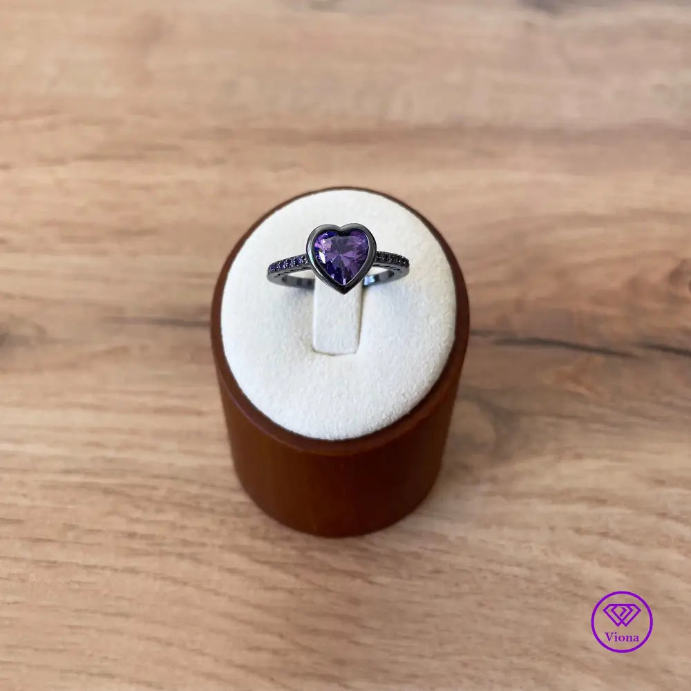 Unique Black Ring with Purple Heart Cubic Zirconia