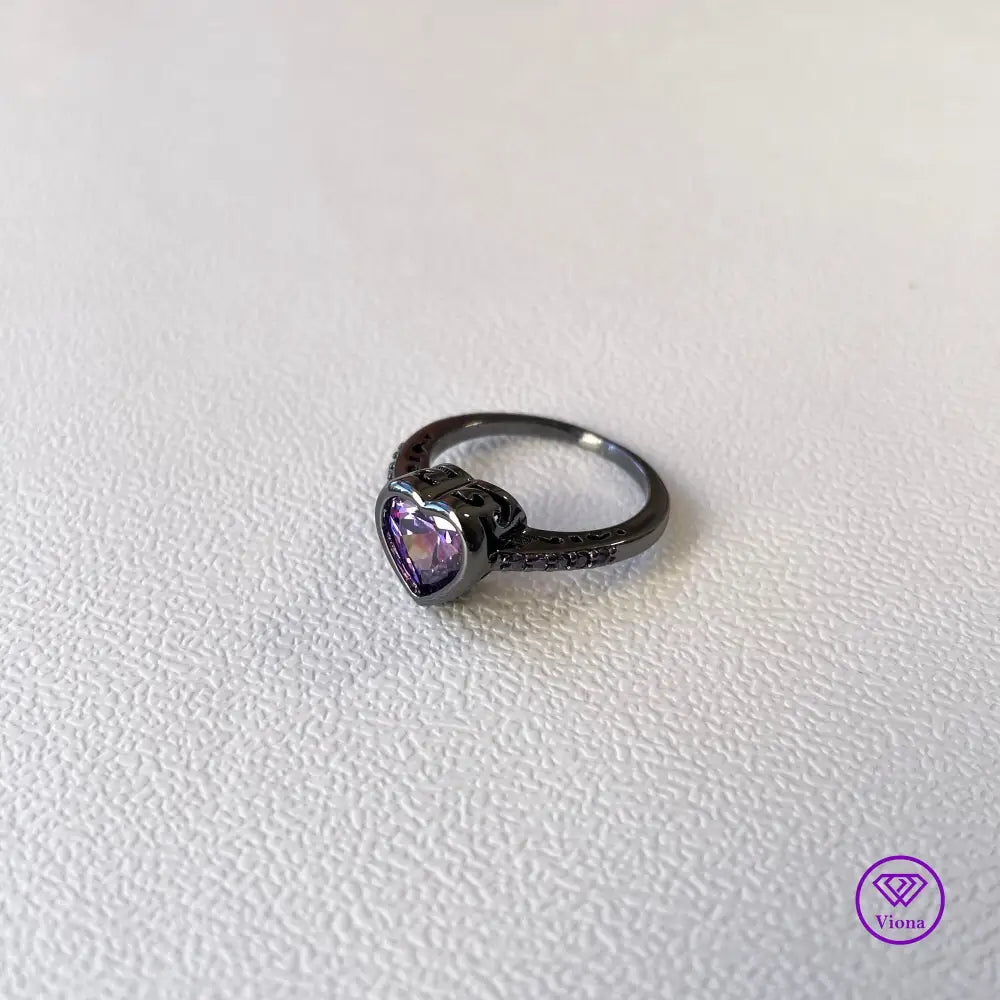 Unique Black Ring with Purple Heart Cubic Zirconia