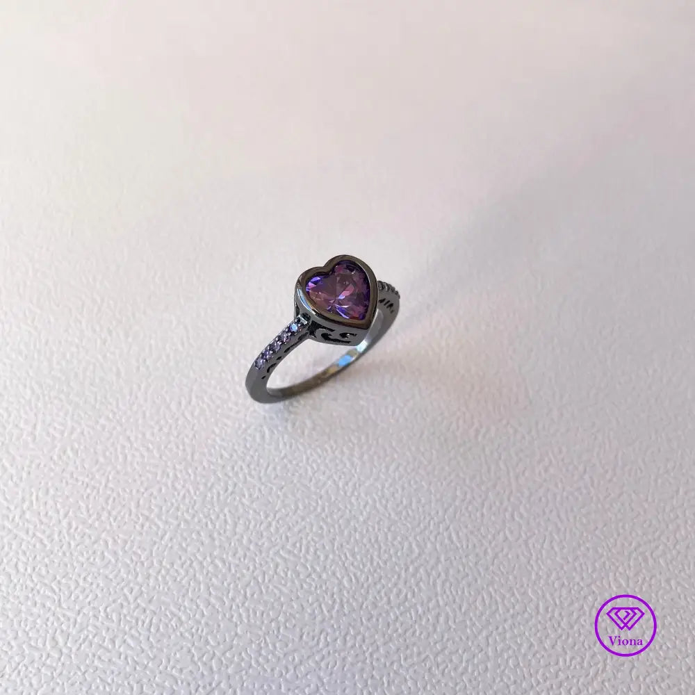 Unique Black Ring with Purple Heart Cubic Zirconia