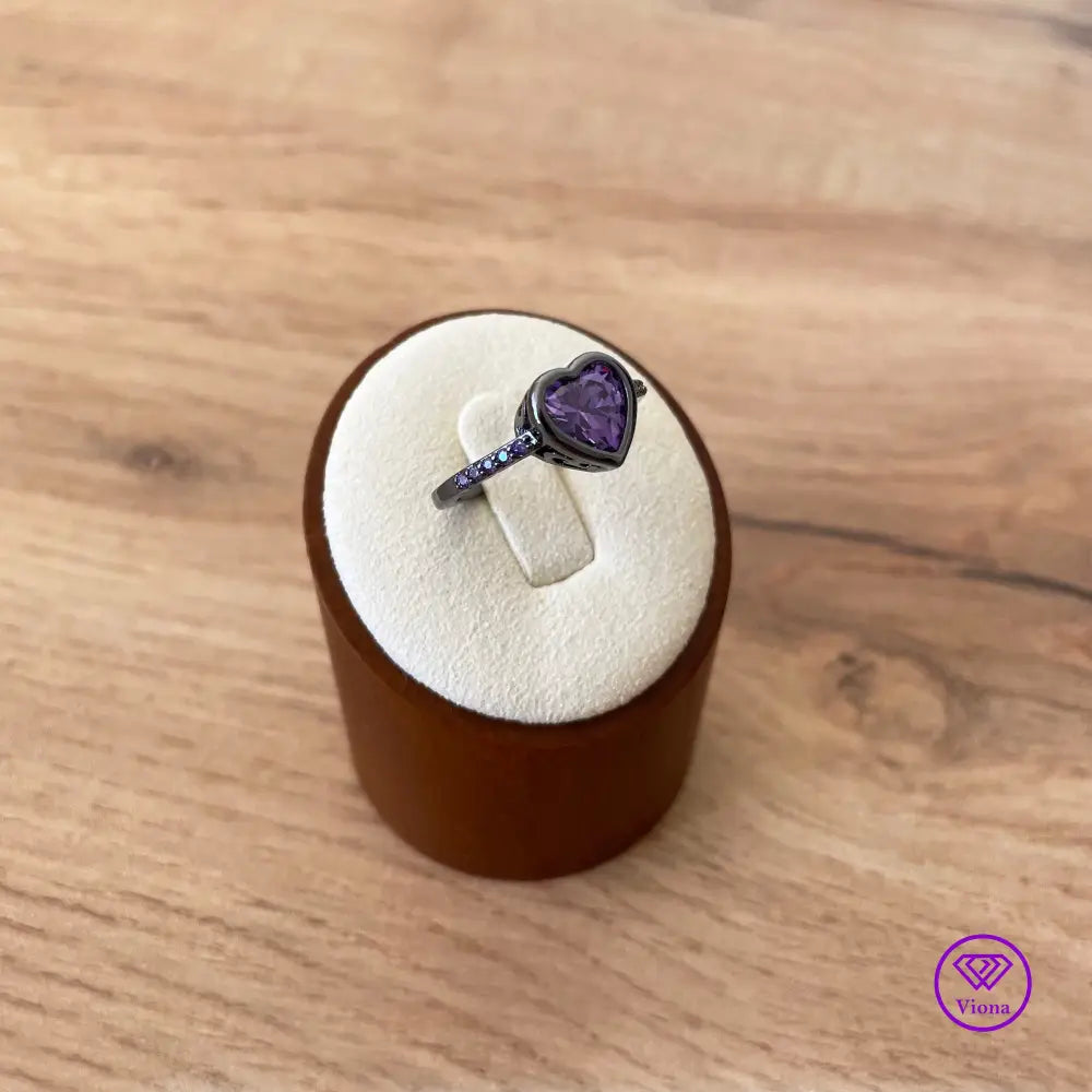 Unique Black Ring with Purple Heart Cubic Zirconia