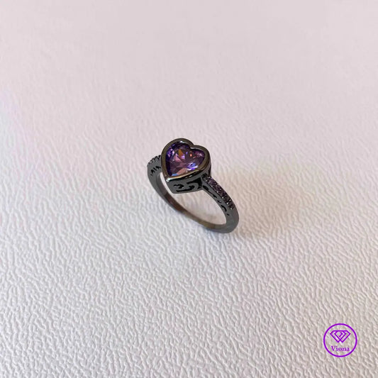 Unique Black Ring with Purple Heart Cubic Zirconia