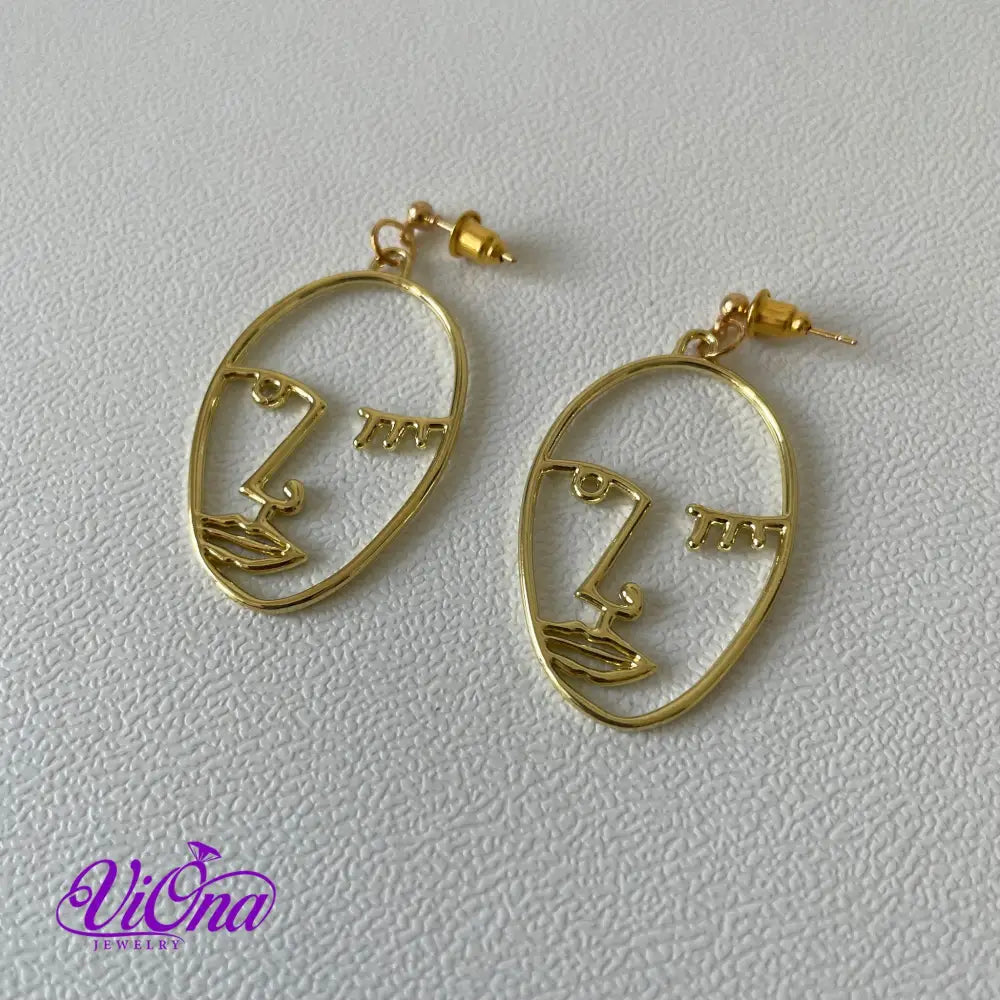 Winking girl, Hollow punk face dangle earrings in gold color