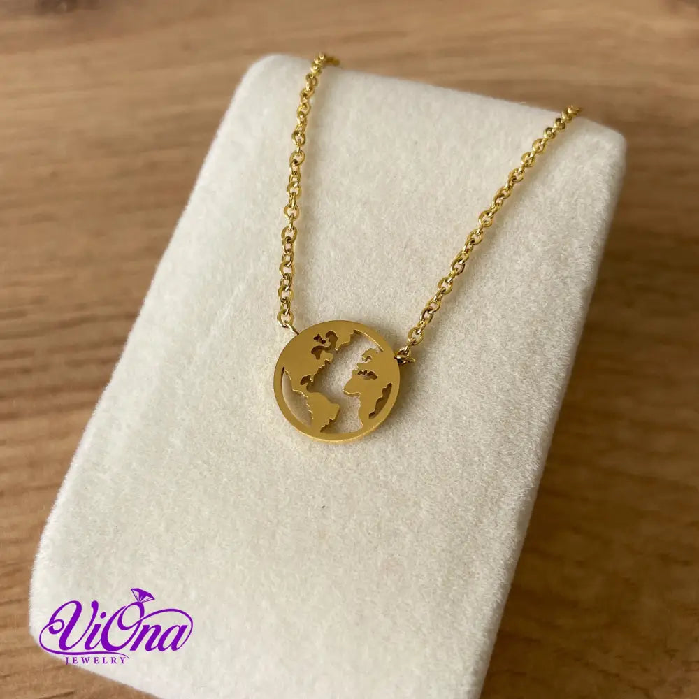 World Map Necklace with minimalist design and adjustable gold-plated chain