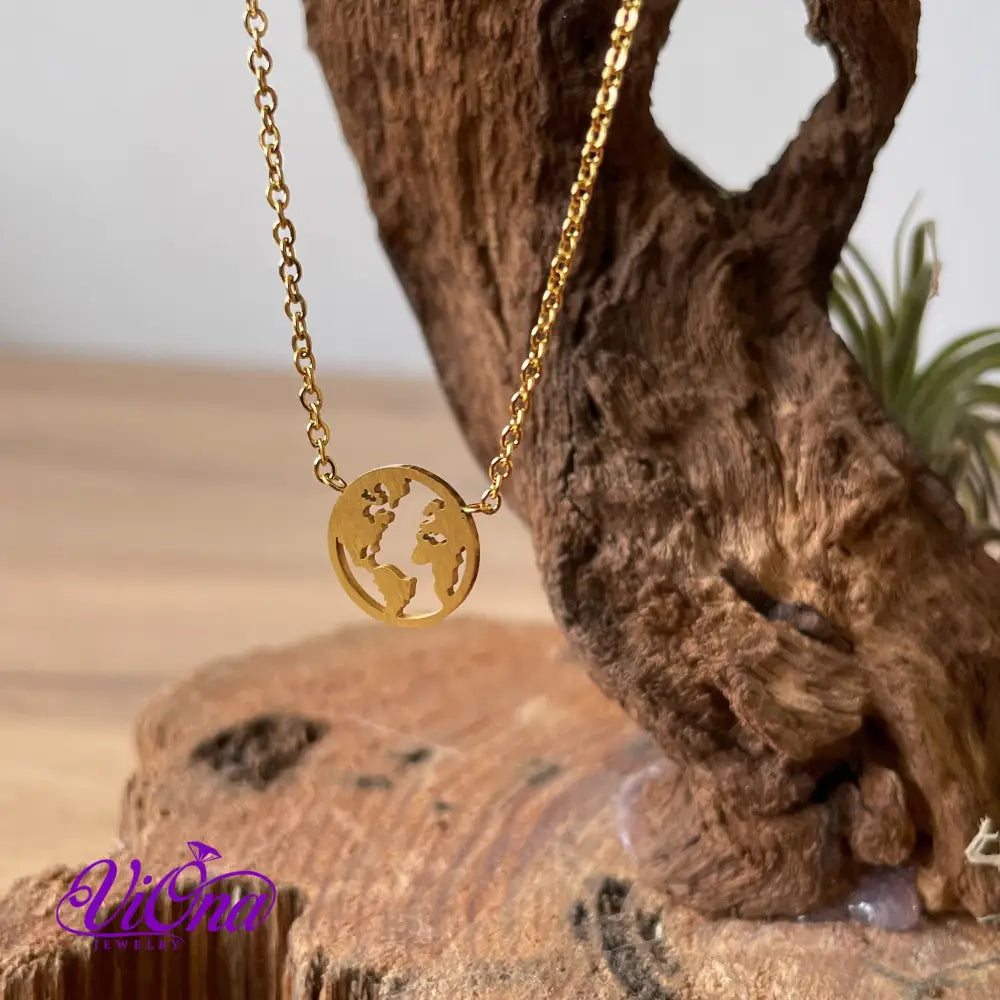 World Map Necklace with minimalist design and adjustable gold-plated chain