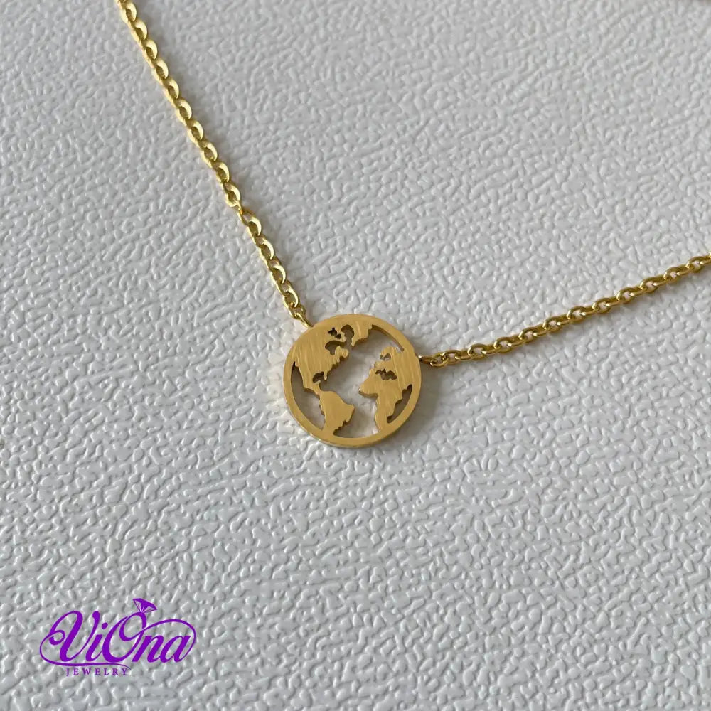 World Map Necklace with minimalist design and adjustable gold-plated chain