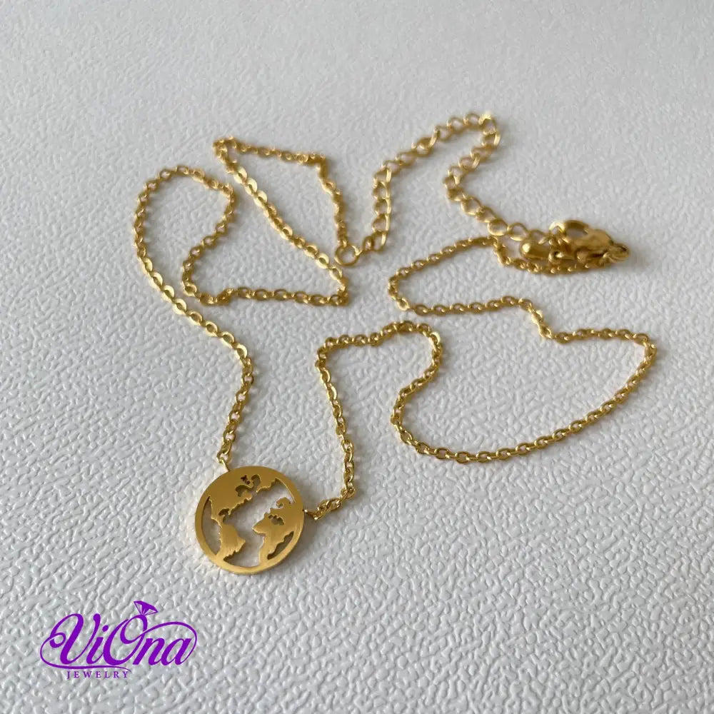 World Map Necklace with minimalist design and adjustable gold-plated chain