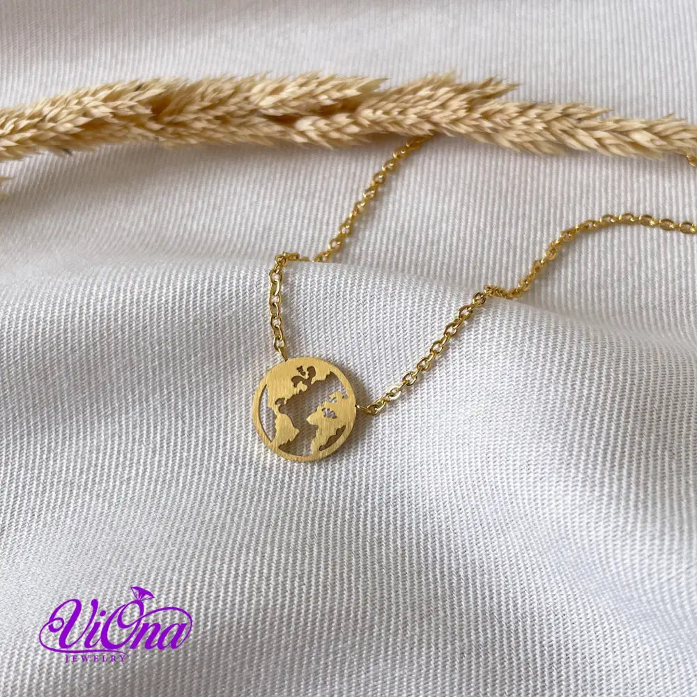 World Map Necklace with minimalist design and adjustable gold-plated chain