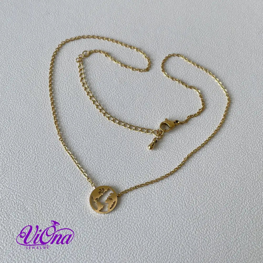 World Map Necklace with minimalist design and adjustable gold-plated chain