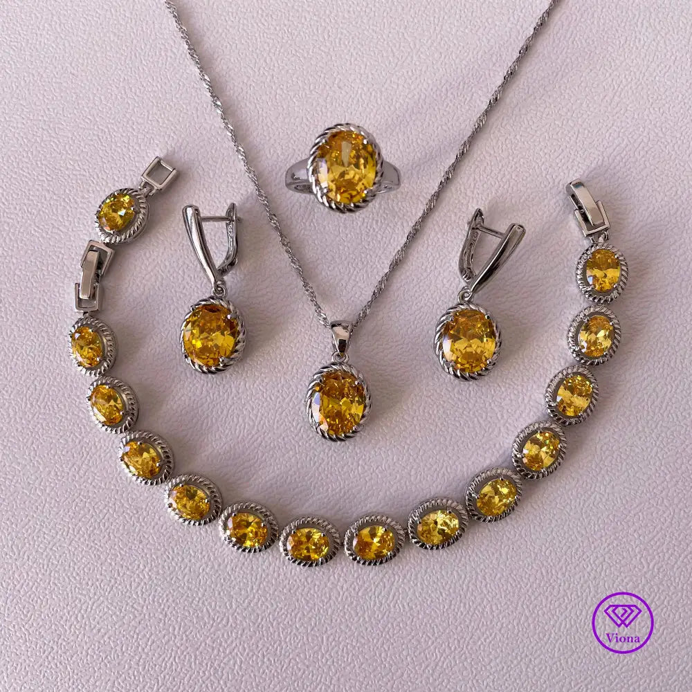 Yellow 925 Sterling Silver oval cut jewelry set, Stamped