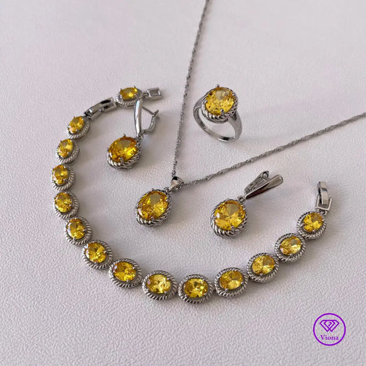 Yellow 925 Sterling Silver oval cut jewelry set, Stamped