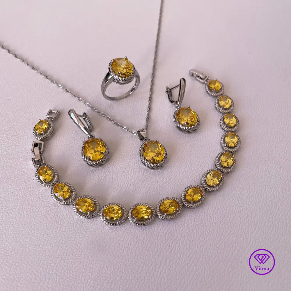 Yellow 925 Sterling Silver oval cut jewelry set, Stamped