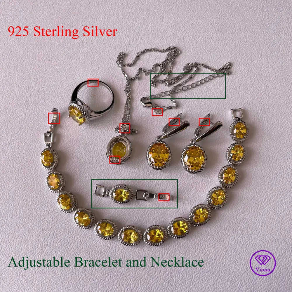 Yellow 925 Sterling Silver oval cut jewelry set, Stamped